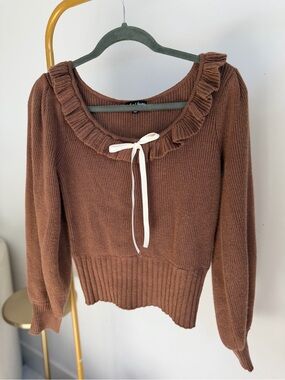 For Love & Lemons Brown Ruffle-Neck Sweater with Front Tie
